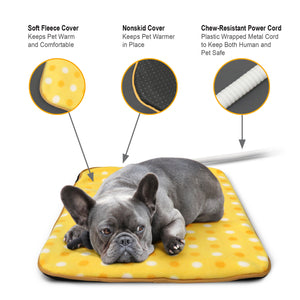 Fluffy Paws Indoor Pet Bed Warmer Electric Heated Pad with Free Cover (Dual Temperature & UL Certified), Yellow Dot Large - 20.9" x 28.4"